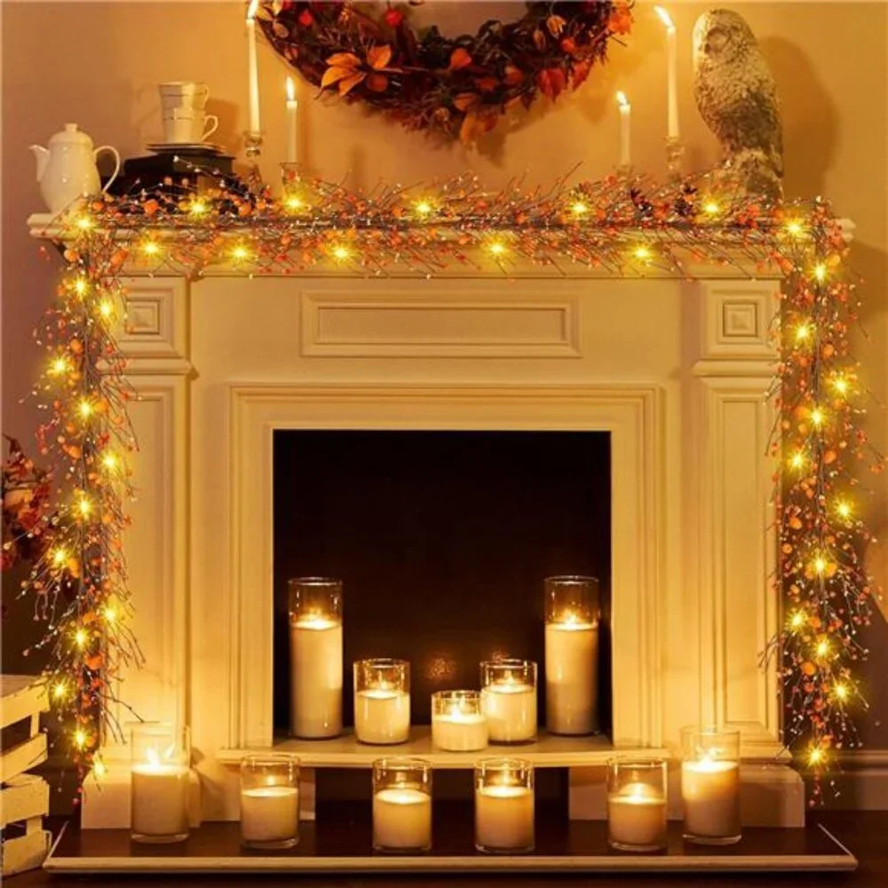 59 Inches Fall Garland with Lights Artificial Autumn Garland with Pumpkin